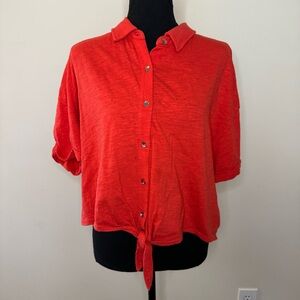 Splendid Tie Hem Button Front Red Amore Crop Top